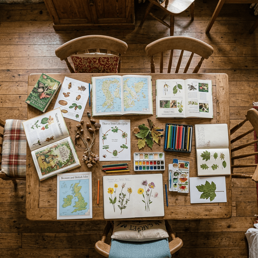 Mother and children studying nature books and drawing plants at a table